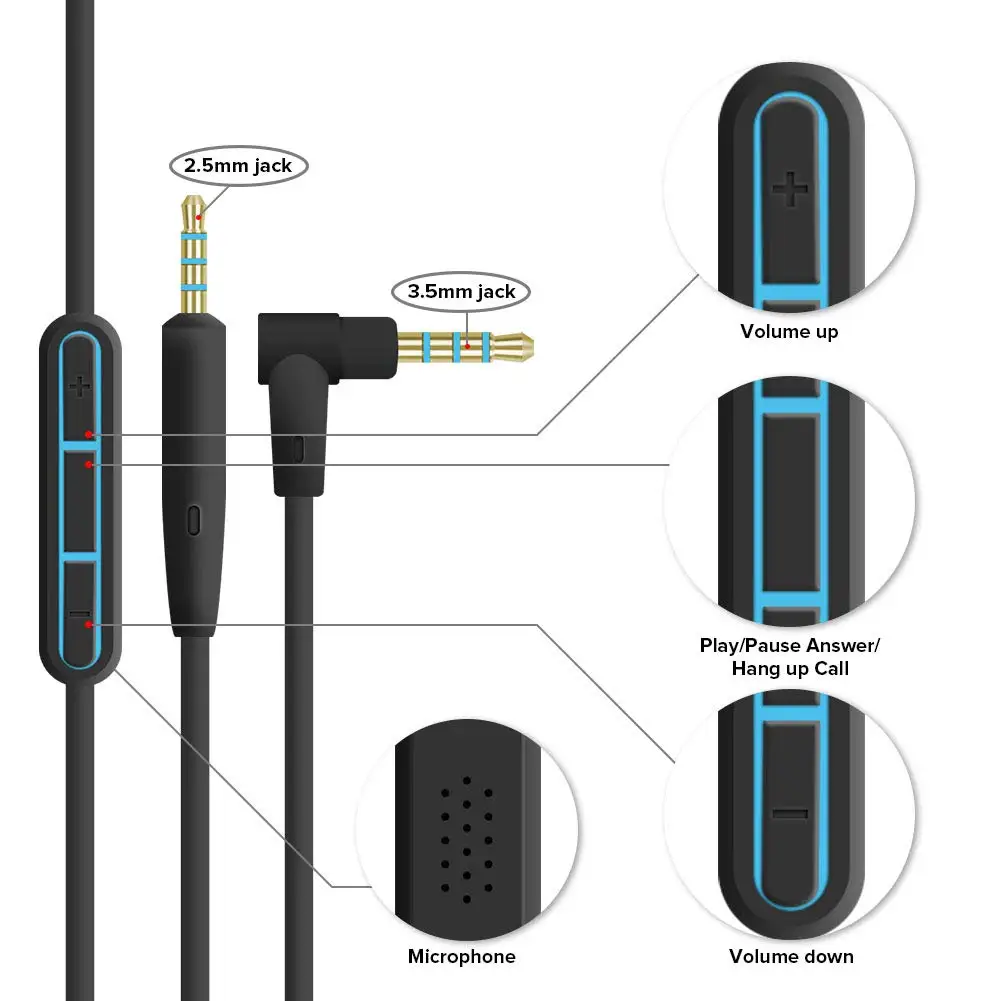 Wired Earphone Mic - 2.5mm to 3.5mm Audio Cable For